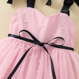 Rózsaszín, gyöngyös kislány alkalmi ruha fekete szalaggal, baba koszorúslány ruha ( új )