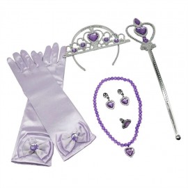 Hercegnő jelmez kiegészítő szett - halványlila kesztyű, korona, szív alakú jogar, nyaklánc, karkötő és fülbevaló szett ( új )