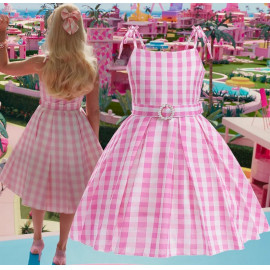 Jelmez - Barbie jelmez - Rózsaszín kockás Barbie ruha ajándék hajba való masnival ( új )